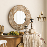 Solstice Carved Wood Round Wall Mirror – Natural Artisan Frame