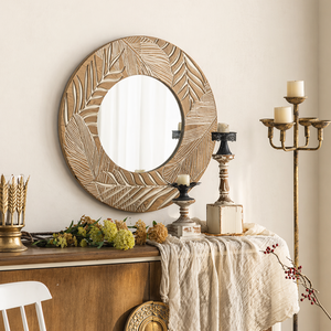 Solstice Carved Wood Round Wall Mirror – Natural Artisan Frame