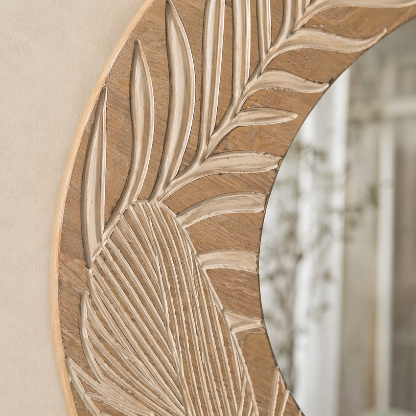 Solstice Carved Wood Round Wall Mirror – Natural Artisan Frame