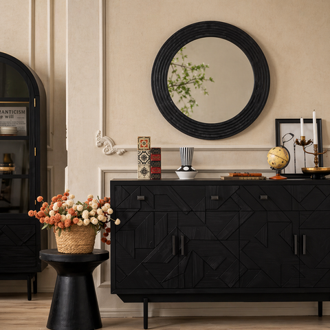 Noir Ridge Round Wall Mirror – Textured Black Statement Frame