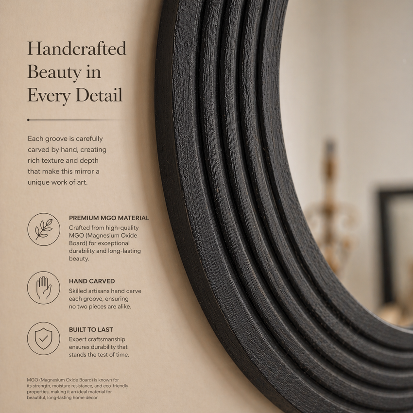 Noir Ridge Round Wall Mirror – Textured Black Statement Frame