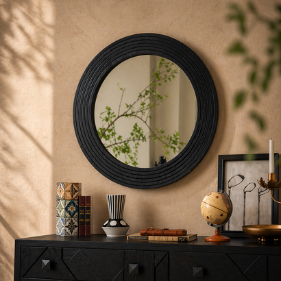 Noir Ridge Round Wall Mirror – Textured Black Statement Frame