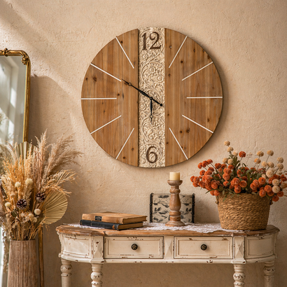 Heritage Grove Carved Wood Wall Clock – Large Rustic Statement Clock