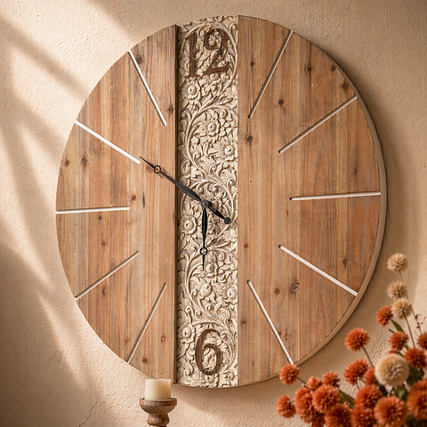 Heritage Grove Carved Wood Wall Clock – Large Rustic Statement Clock