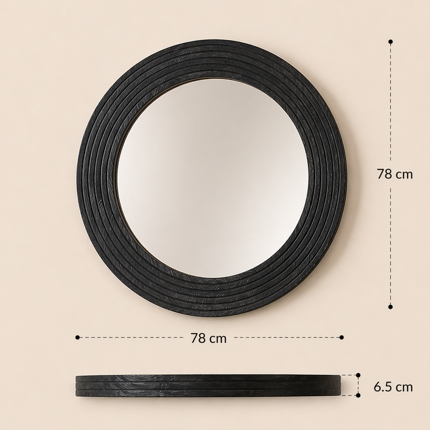 Noir Ridge Round Wall Mirror – Textured Black Statement Frame