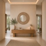 Solstice Carved Wood Round Wall Mirror – Natural Artisan Frame