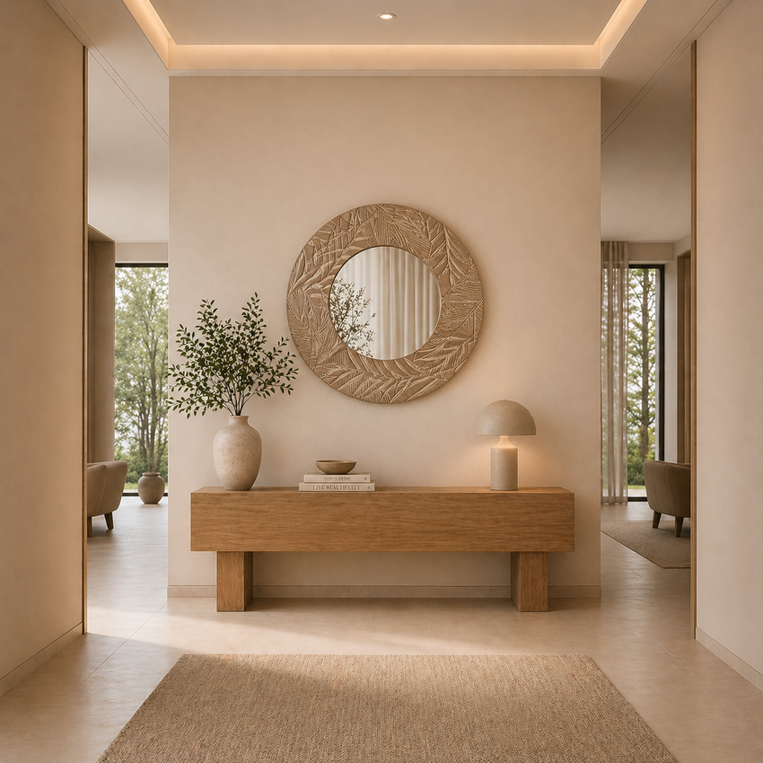 Solstice Carved Wood Round Wall Mirror – Natural Artisan Frame