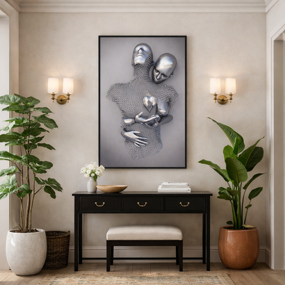 Eternal Bond: 3D-Effect Surreal Hug Framed Canvas Art (60x90cm)