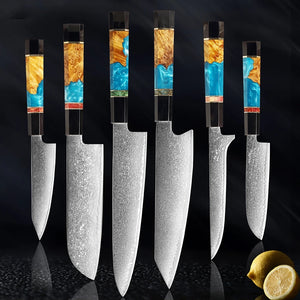 6-Piece Japanese Damascus Steel Knife Set with Vibrant Resin Handles