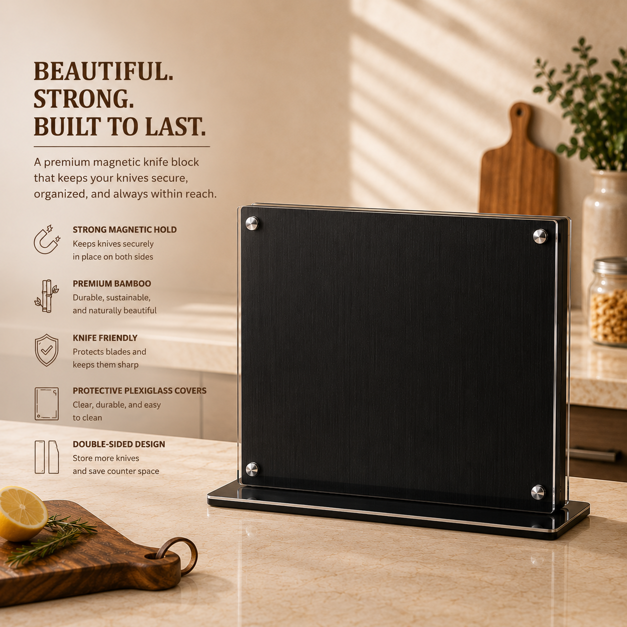 Obsidian Shield Magnetic Knife Block – Double-Sided Bamboo & Acrylic Knife Holder