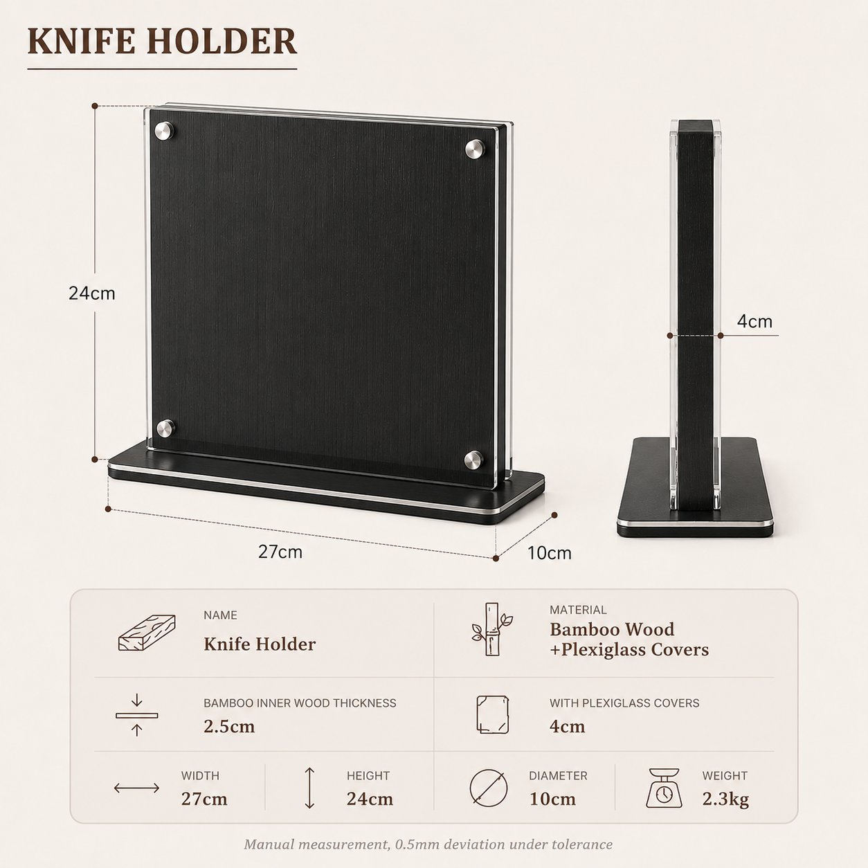 Obsidian Shield Magnetic Knife Block – Double-Sided Bamboo & Acrylic Knife Holder