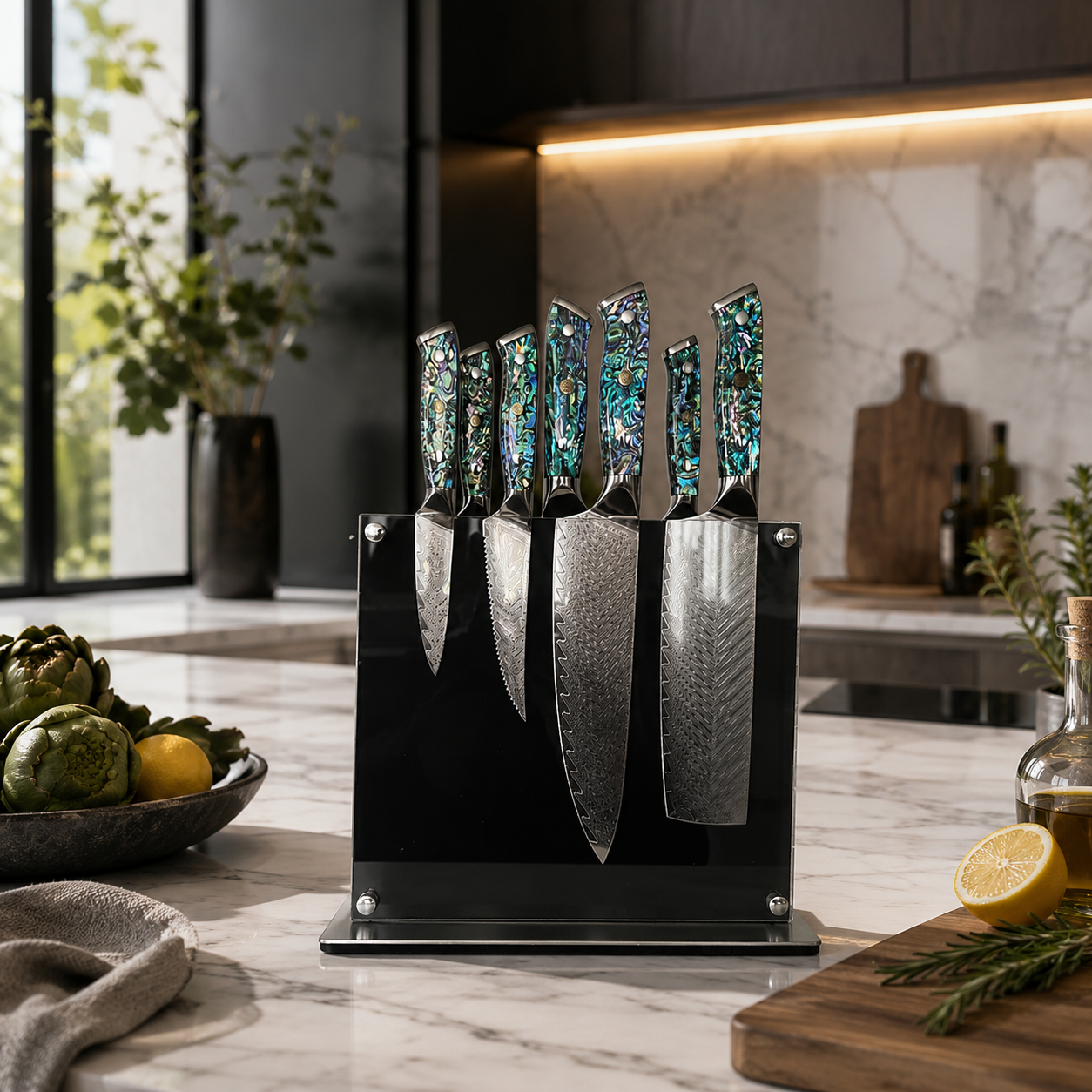 Obsidian Shield Magnetic Knife Block – Double-Sided Bamboo & Acrylic Knife Holder
