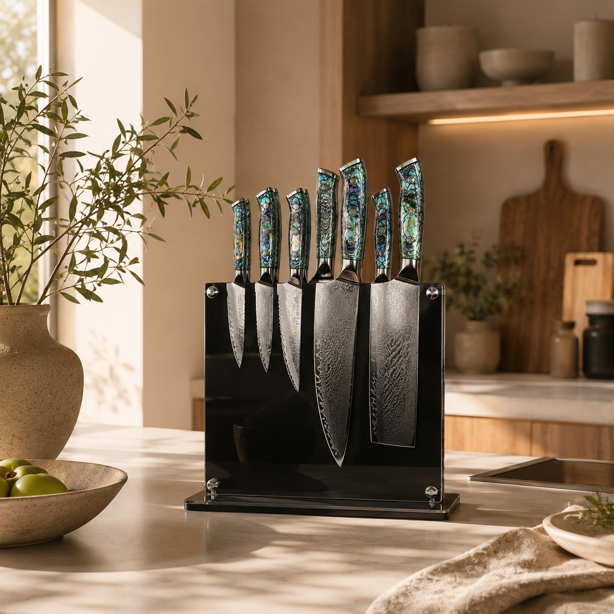 Obsidian Shield Magnetic Knife Block – Double-Sided Bamboo & Acrylic Knife Holder
