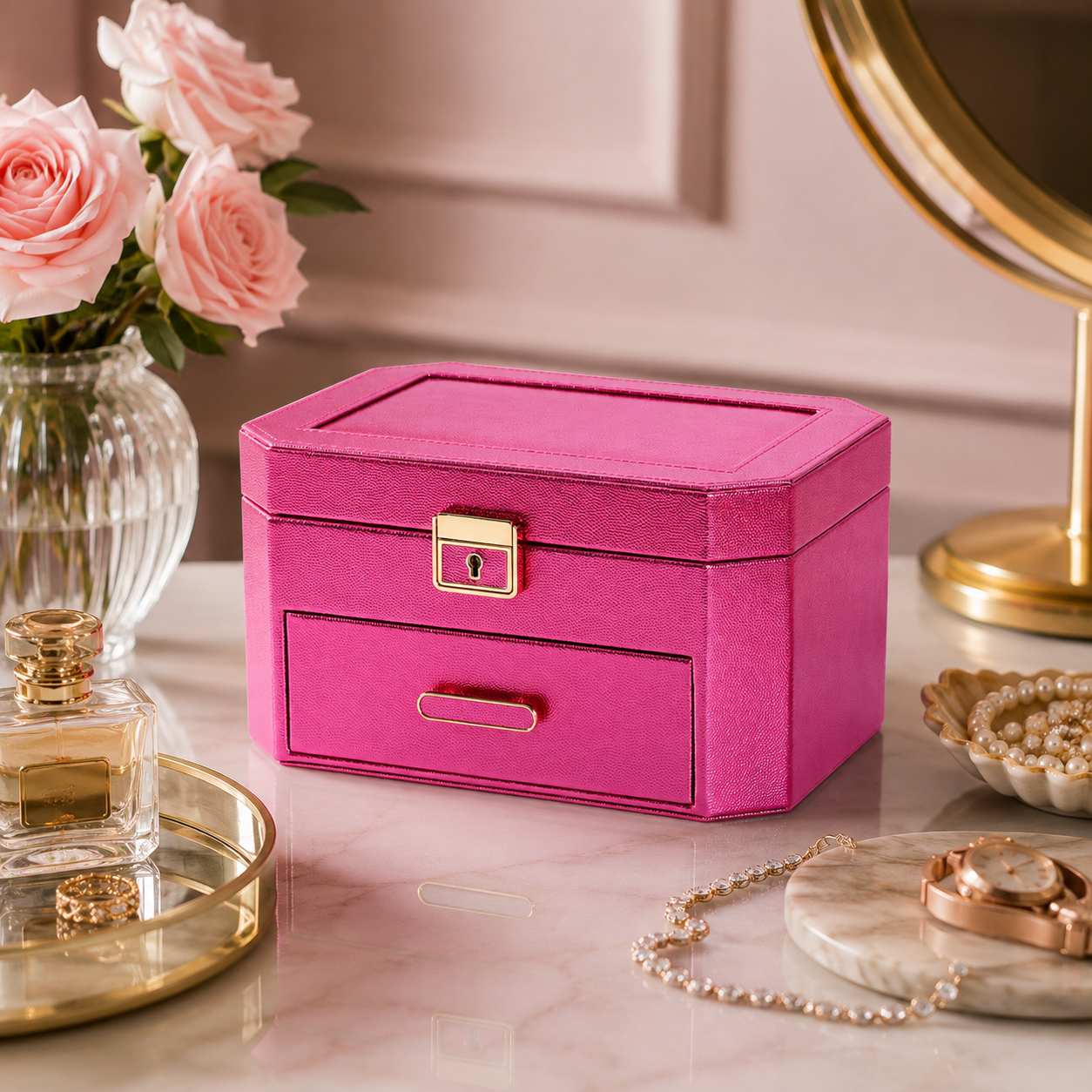 Large Jewellery Box with Drawer & Lock – Two-Tier Jewellery Organiser