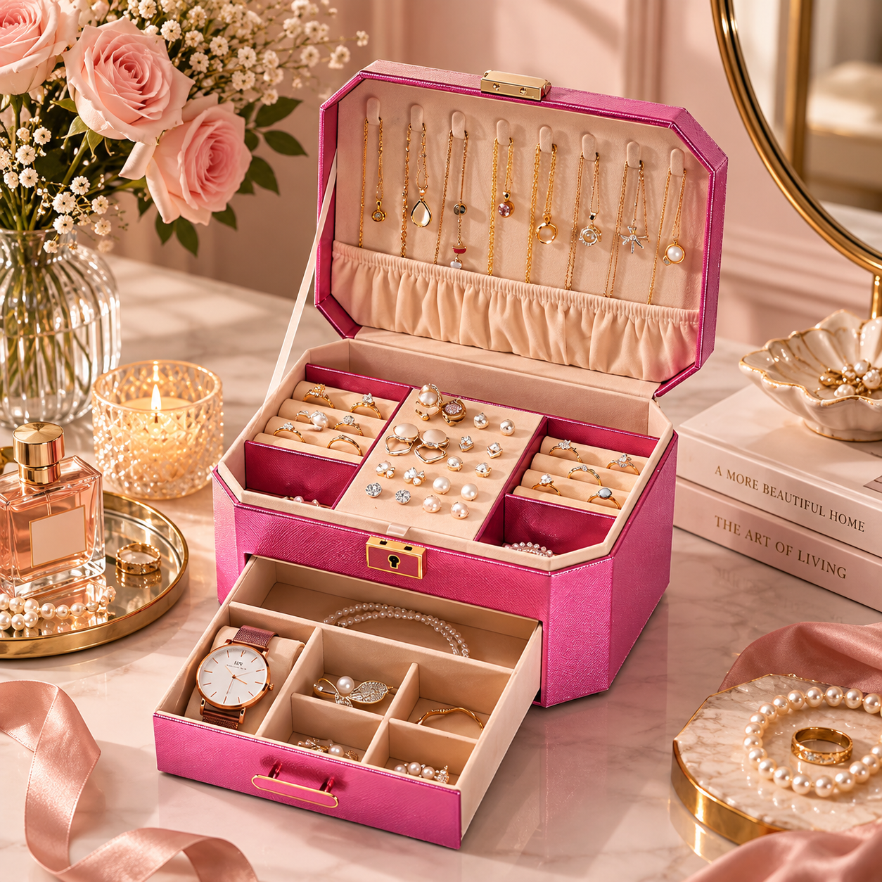 Large Jewellery Box with Drawer & Lock – Two-Tier Jewellery Organiser