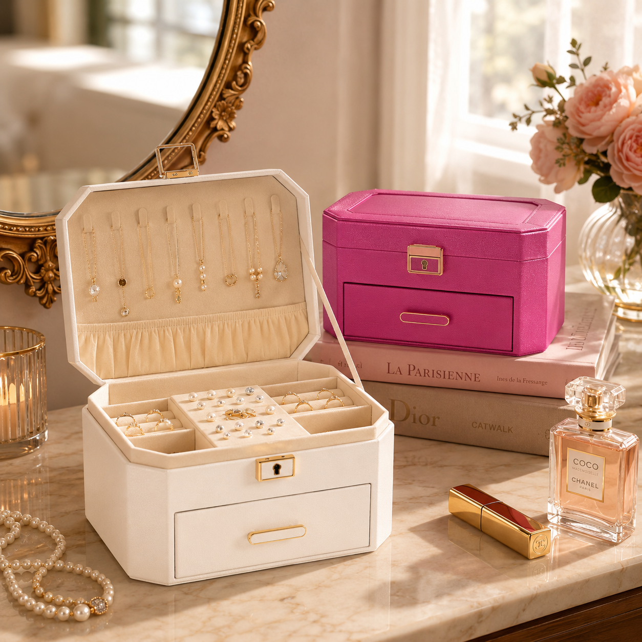 Large Jewellery Box with Drawer & Lock – Two-Tier Jewellery Organiser
