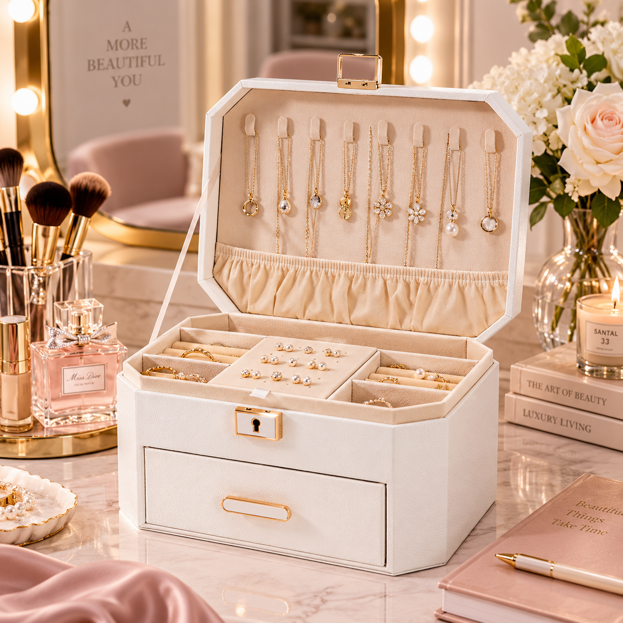 Large Jewellery Box with Drawer & Lock – Two-Tier Jewellery Organiser
