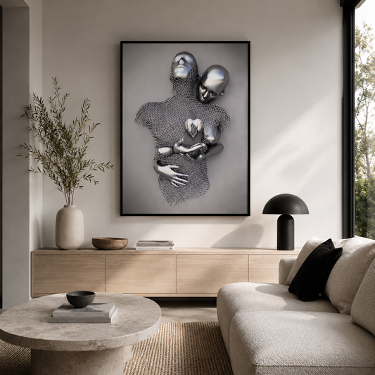 Eternal Bond: 3D-Effect Surreal Hug Framed Canvas Art (60x90cm)