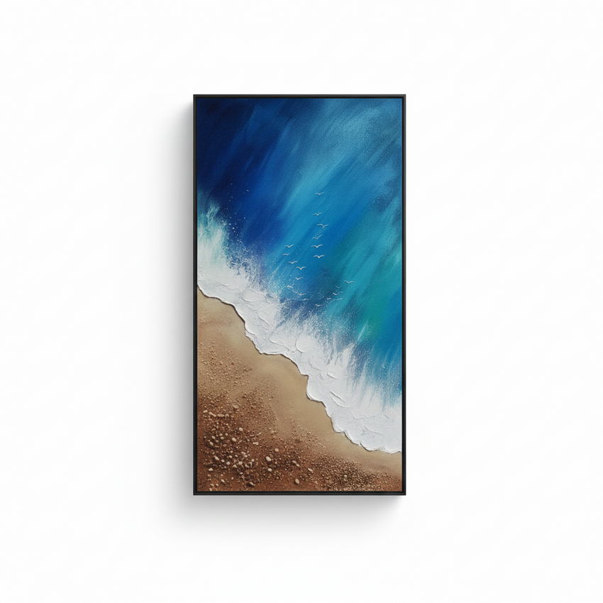 Cerulean Shore: Hand-Painted Coastal Abstract Oil Painting (60x120cm)