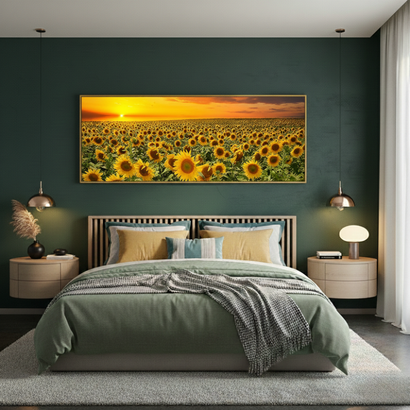 Golden Fields: Radiant Sunflower Panoramic Framed Canvas Art (50x150cm)