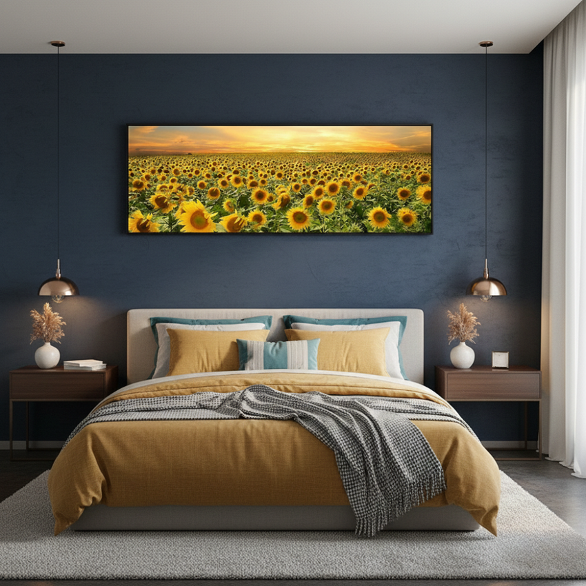 Golden Horizon: Radiant Sunflower Field Panoramic Framed Canvas (50x150cm)