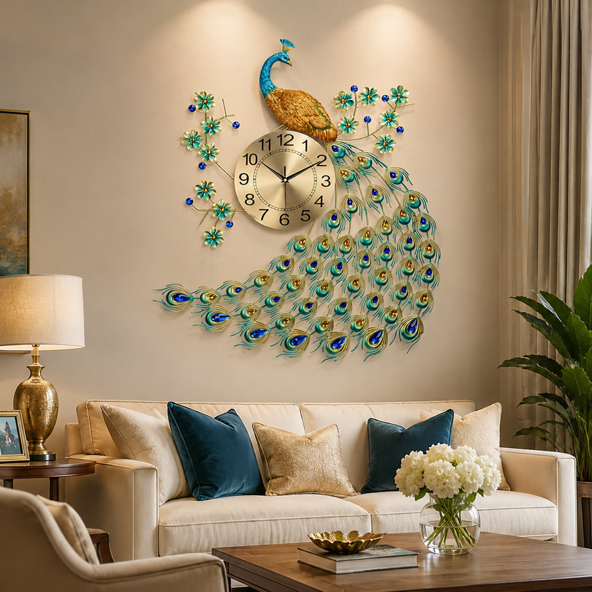 Gorgeous Large Peacock Wall Clock