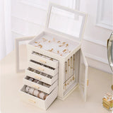 Deluxe 360° Rotating PU Leather Jewellery Box with Mirror – Multi-Layer Drawer & Side Storage Cabinet