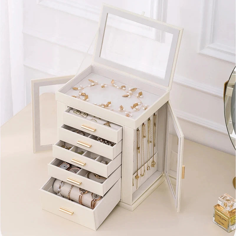 Deluxe 360° Rotating PU Leather Jewellery Box with Mirror – Multi-Layer Drawer & Side Storage Cabinet