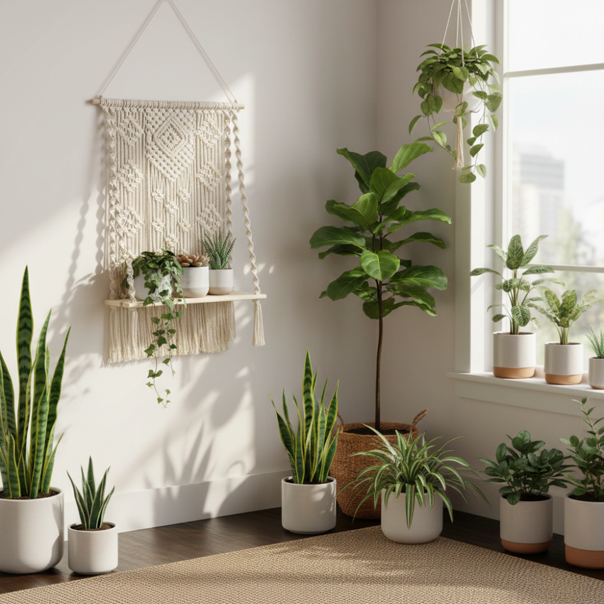 Macrame Wooden Floating Shelf Wall Hanging Planter