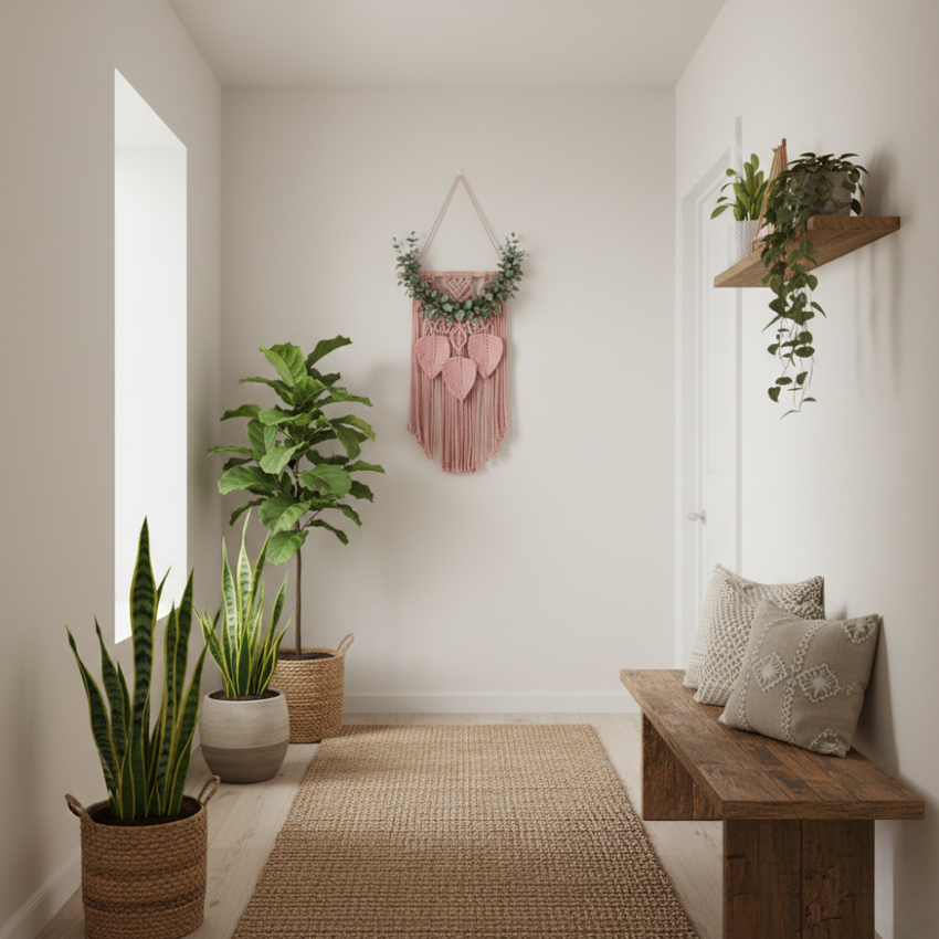 Handmade Macrame Wall Hanging with Tassels - Pink