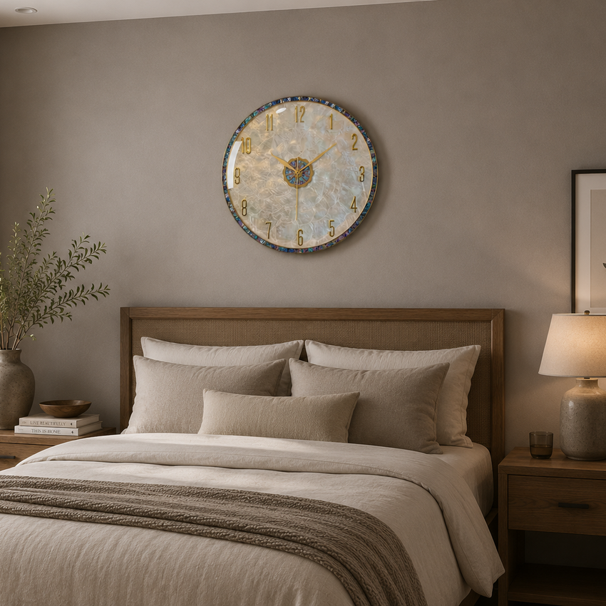Luxury Seashell-Inspired Wall Clock – 36cm Gold & Abalone Decorative Timepiece