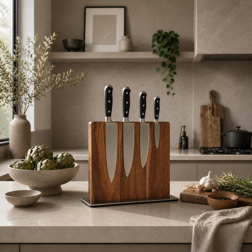 MagnaCraft Acacia Magnetic Knife Block – Double-Sided Knife Holder Stand