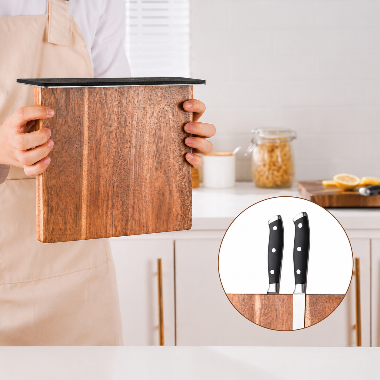 MagnaCraft Acacia Magnetic Knife Block – Double-Sided Knife Holder Stand