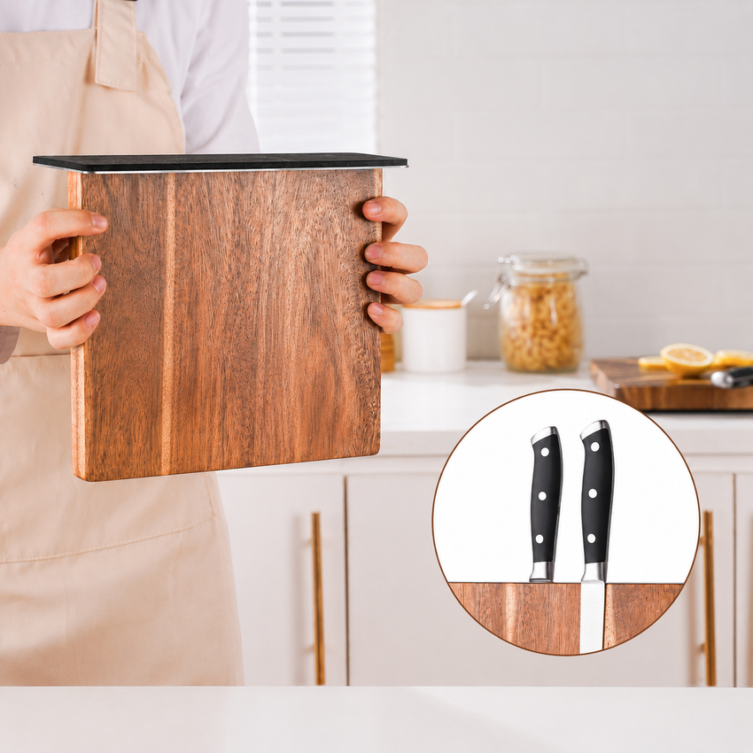 MagnaCraft Acacia Magnetic Knife Block – Double-Sided Knife Holder Stand