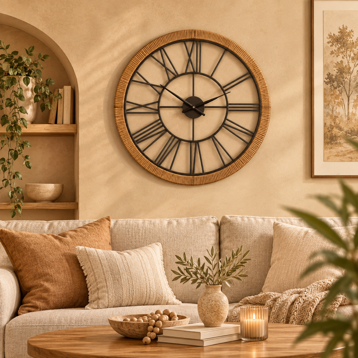 Heritage Oversized Wood & Rattan Roman Wall Clock – 76.5cm Decorative Iron Wall Clock