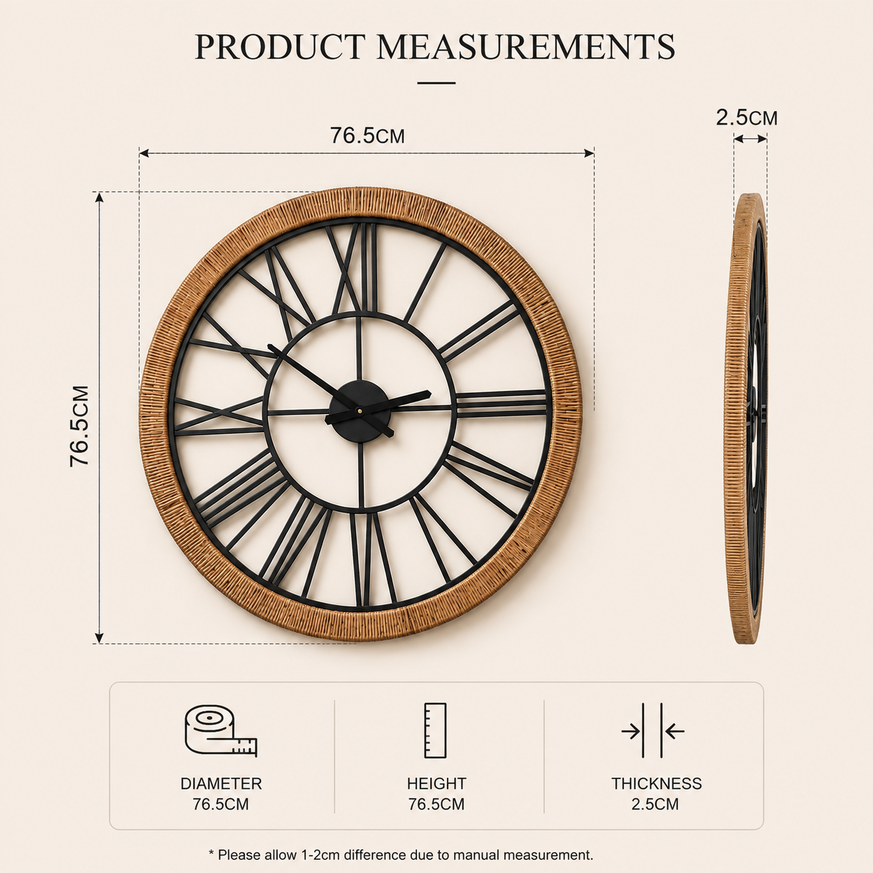 Heritage Oversized Wood & Rattan Roman Wall Clock – 76.5cm Decorative Iron Wall Clock