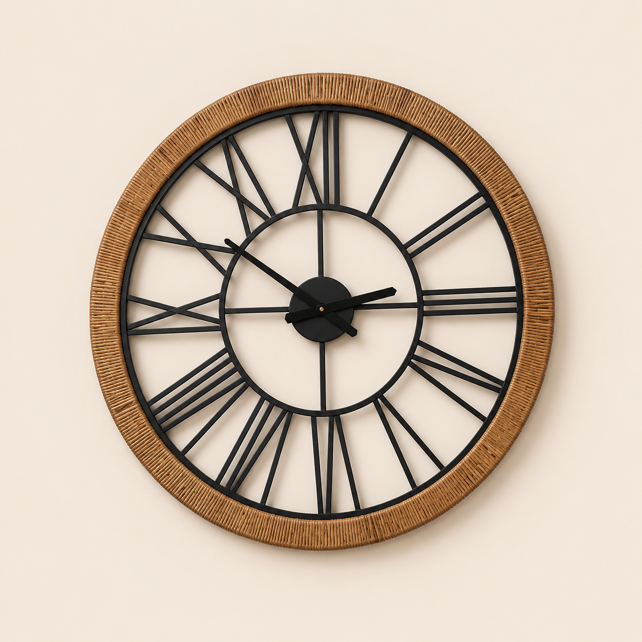Heritage Oversized Wood & Rattan Roman Wall Clock – 76.5cm Decorative Iron Wall Clock