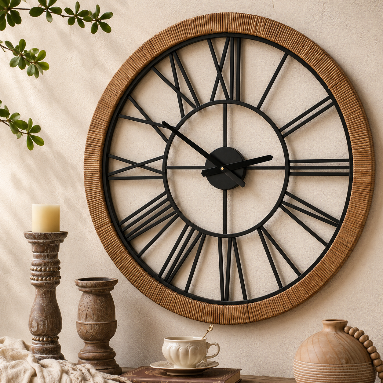 Heritage Oversized Wood & Rattan Roman Wall Clock – 76.5cm Decorative Iron Wall Clock