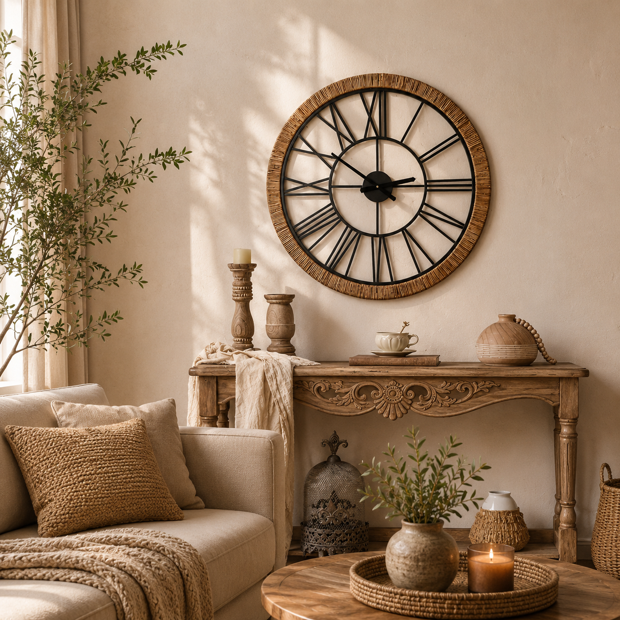 Heritage Oversized Wood & Rattan Roman Wall Clock – 76.5cm Decorative Iron Wall Clock