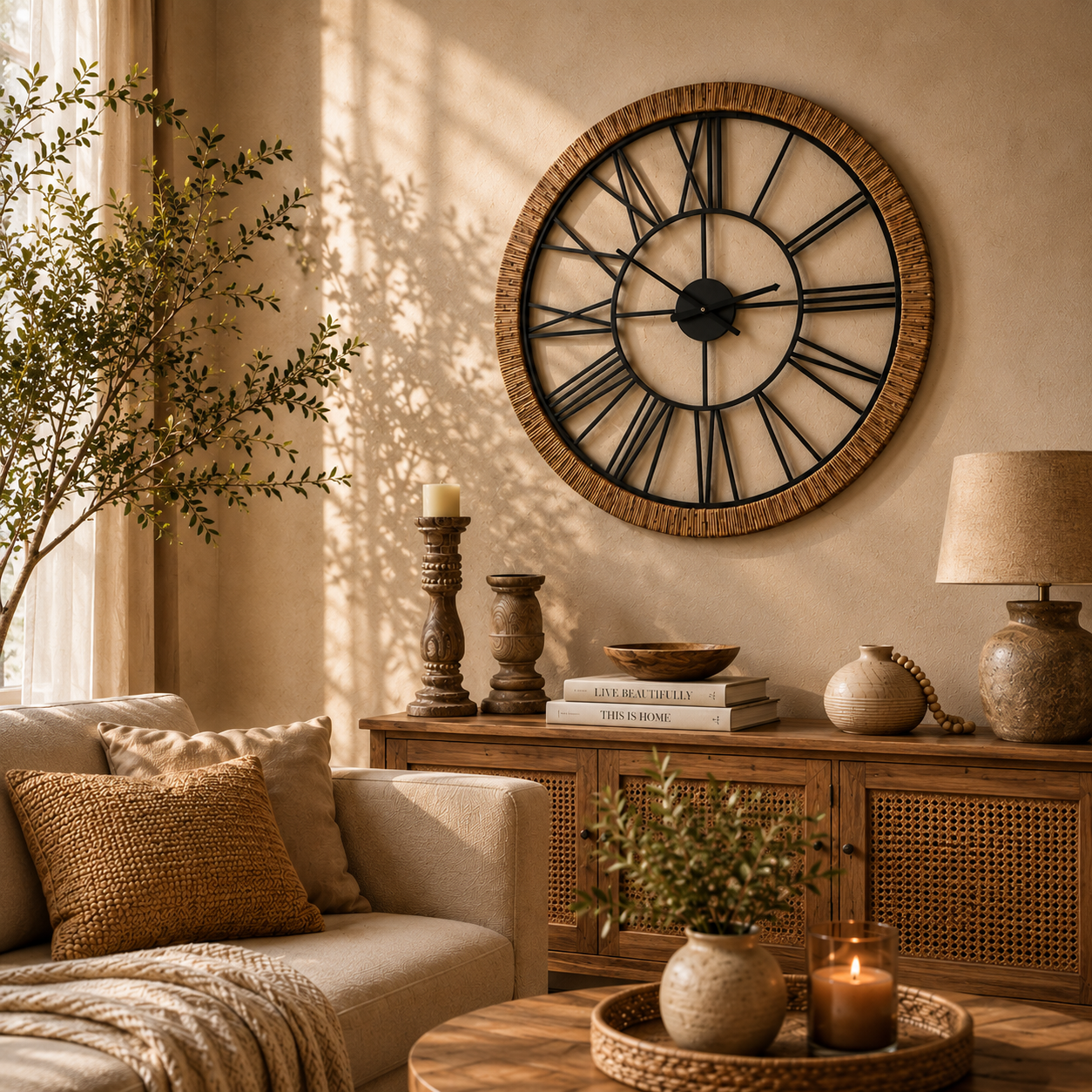 Heritage Oversized Wood & Rattan Roman Wall Clock – 76.5cm Decorative Iron Wall Clock