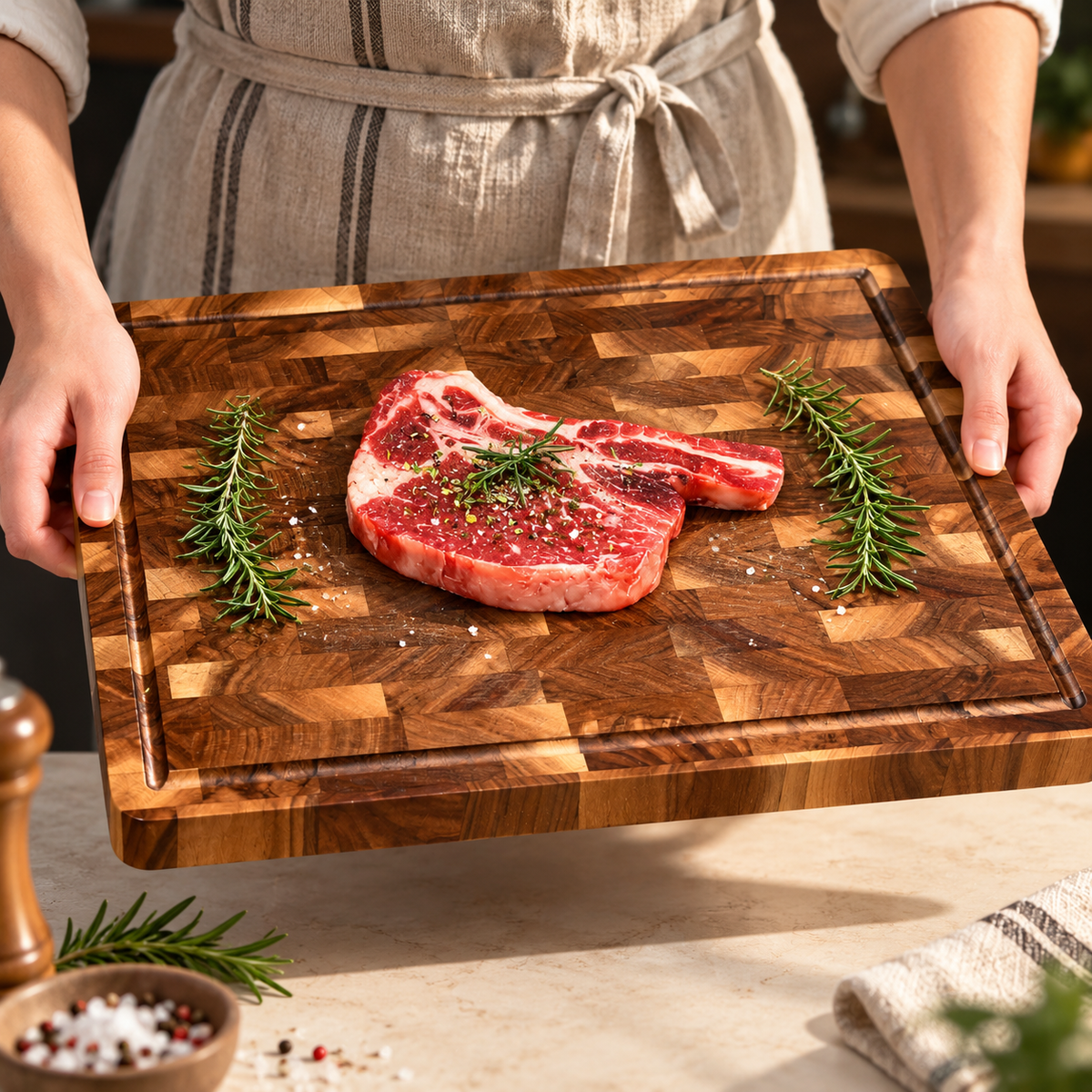 Premium Acacia Wood Chopping Board with Juice Groove & Handles