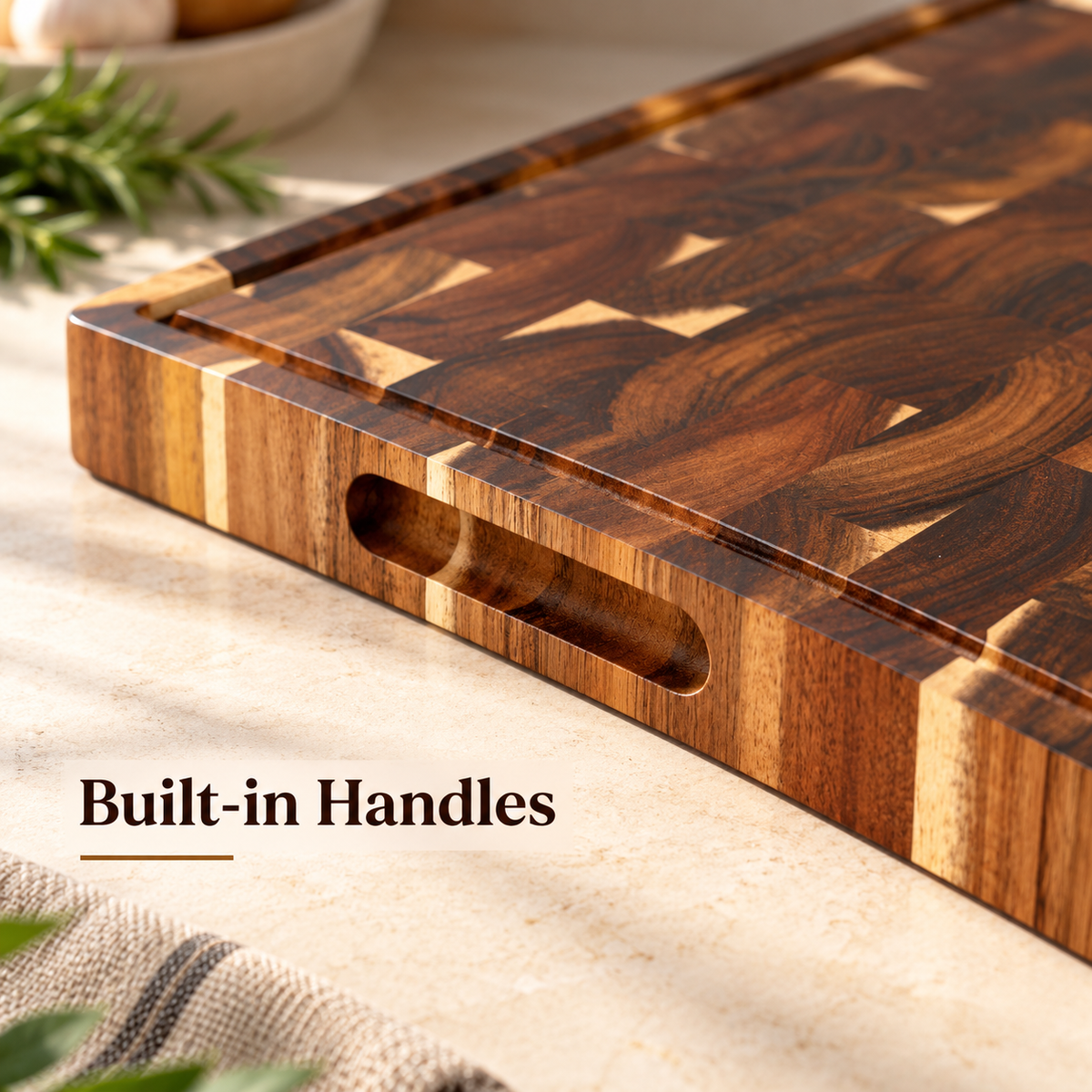 Premium Acacia Wood Chopping Board with Juice Groove & Handles