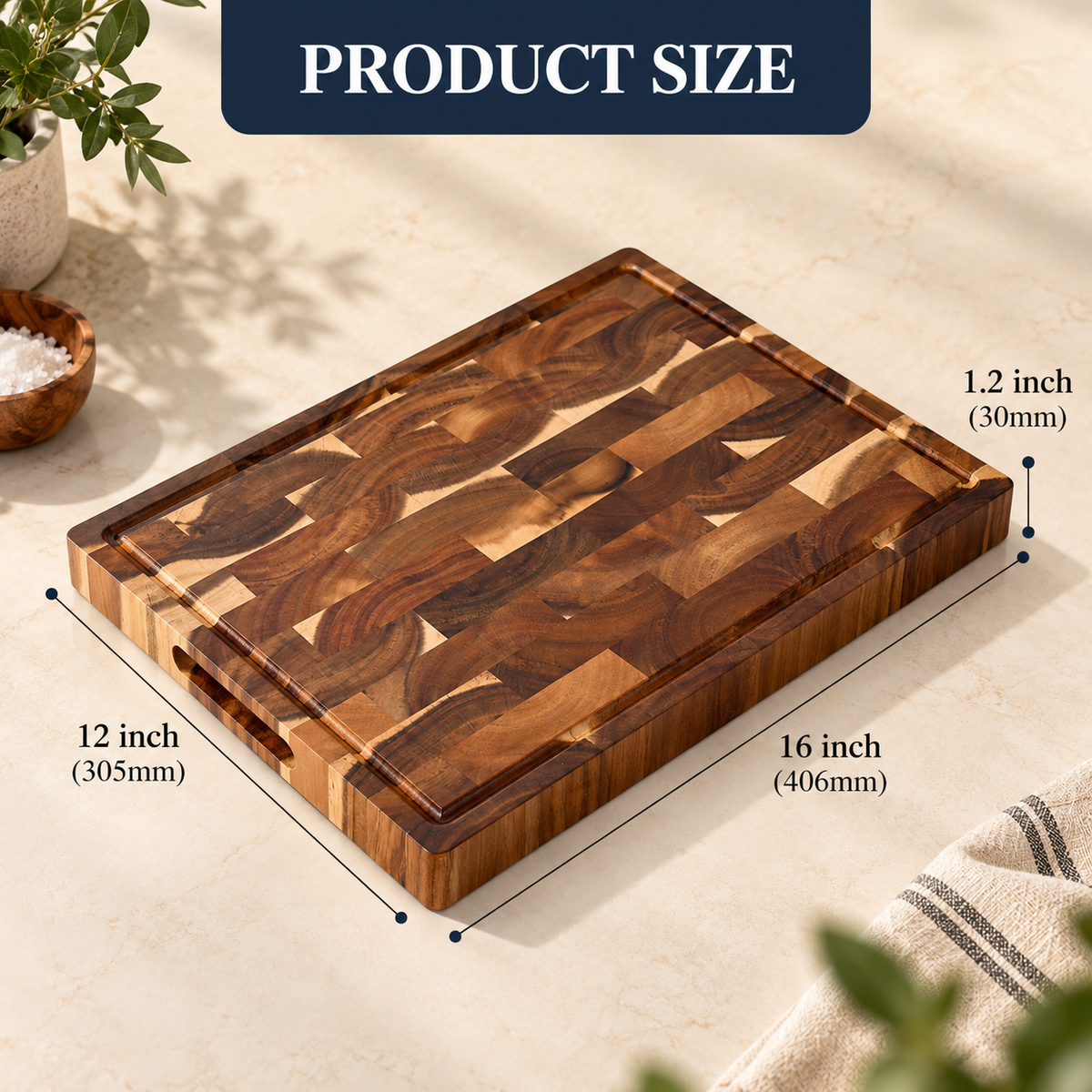 Premium Acacia Wood Chopping Board with Juice Groove & Handles