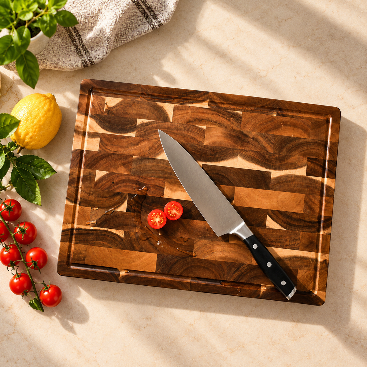 Premium Acacia Wood Chopping Board with Juice Groove & Handles