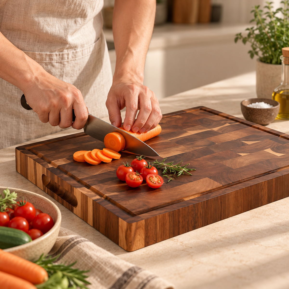 Premium Acacia Wood Chopping Board with Juice Groove & Handles
