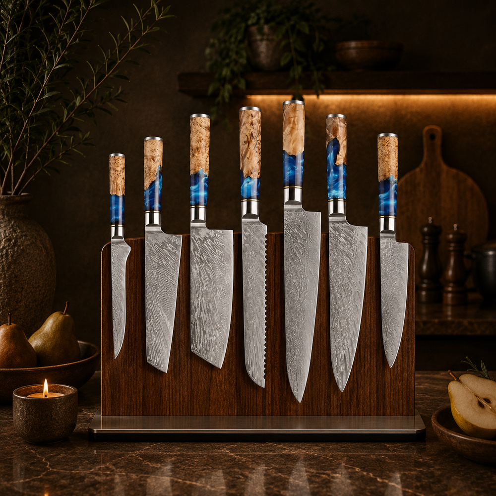 7-Piece 90Cr18MoV Core Chef Knife Set – Damascus-Style Pattern, Ultra Sharp with Ergonomic Wooden Handles