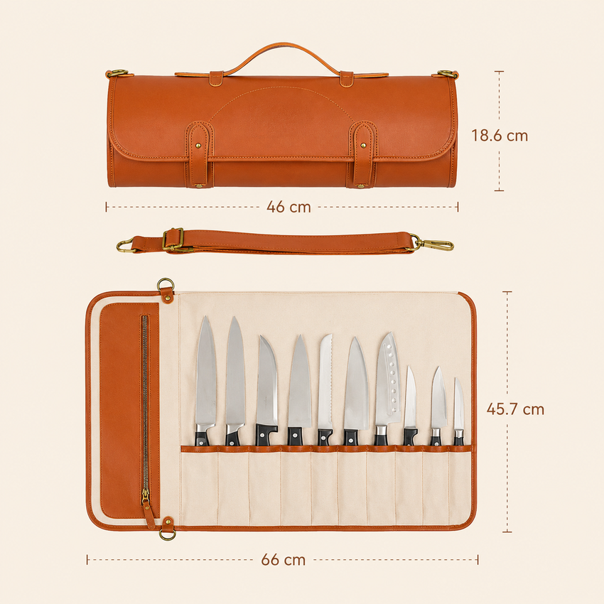 Professional 11-Pocket Chef Knife Roll Bag – Premium Microfiber Leather Culinary Storage Case with Shoulder Strap
