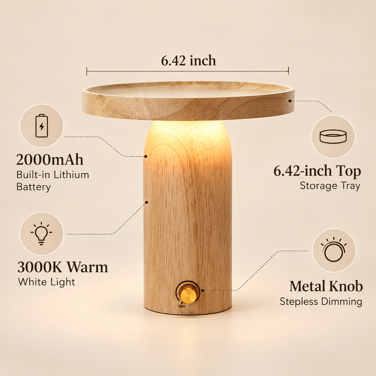 Rechargeable Wooden LED Table Lamp with Storage Tray – Dimmable Cordless Light