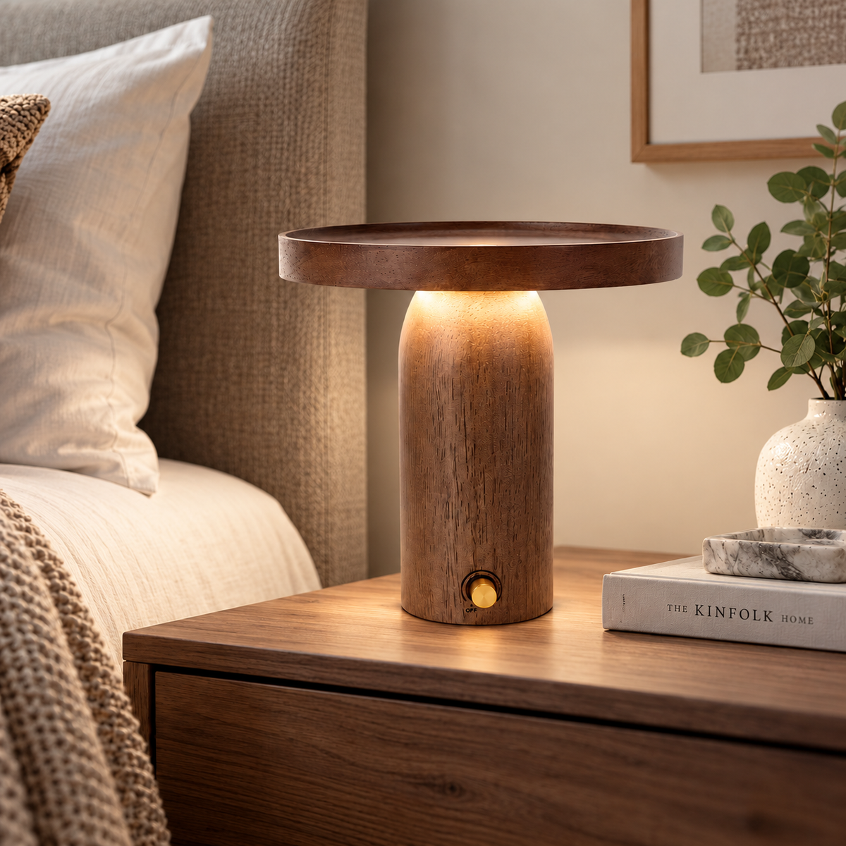 Rechargeable Wooden LED Table Lamp with Storage Tray – Dimmable Cordless Light