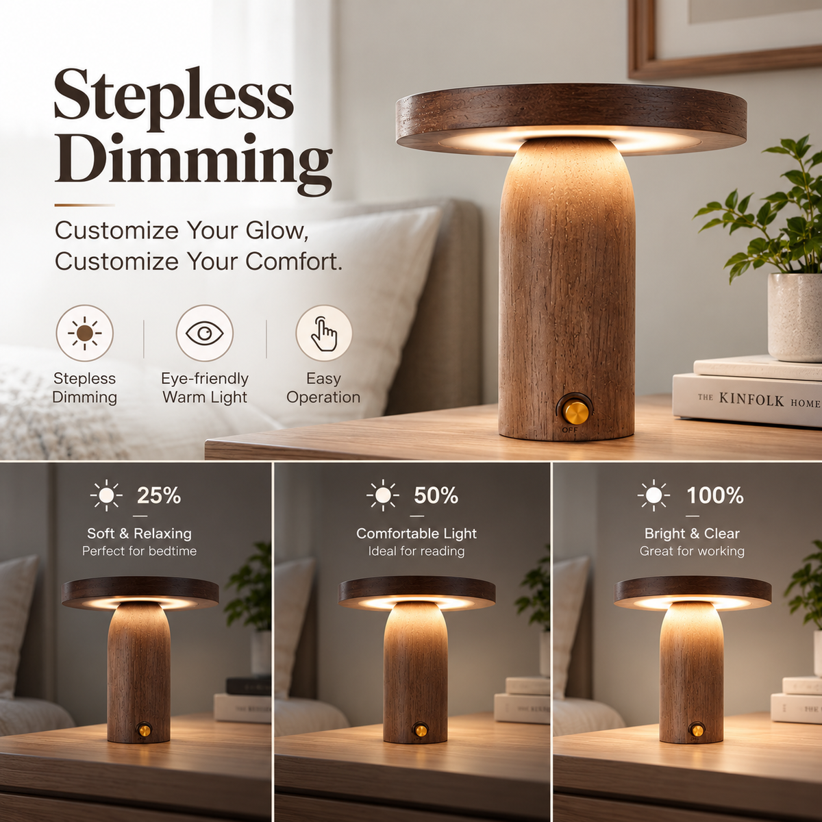 Rechargeable Wooden LED Table Lamp with Storage Tray – Dimmable Cordless Light
